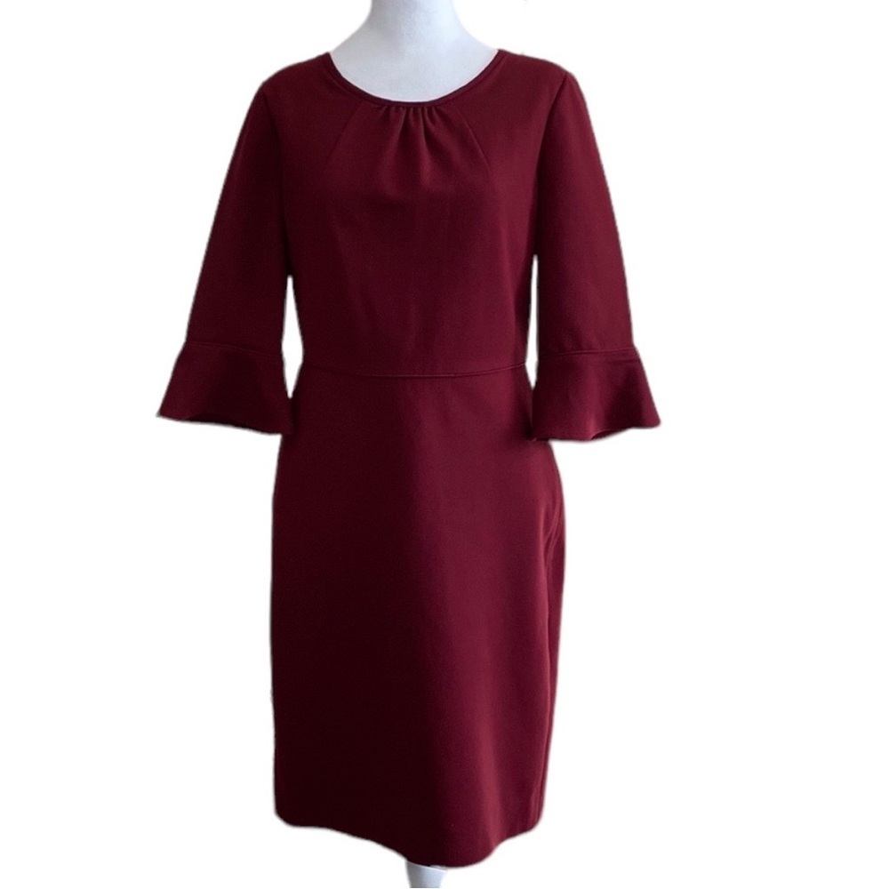 J. Crew Maroon Red Bell Sleeve Sheath Zipper Midi Career Dress Size 6